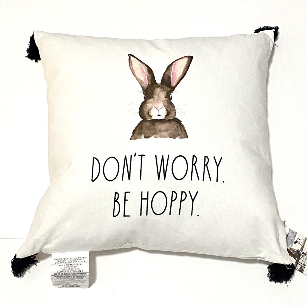 NEW With Tag Rae Dunn "DON'T WORRY. BE HOPPY." Bunny Rabbit Decorative Pillow